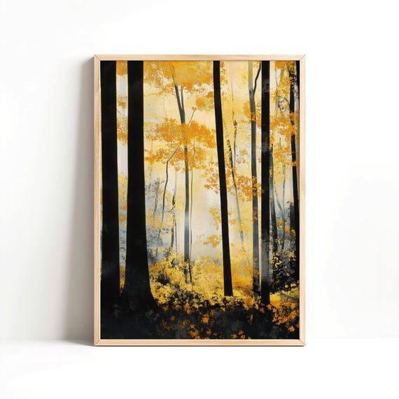 Fall Forest Abstract Print Orange Black Trees Silhouette Modern Minimalist Poster Instant Golden Wall Decor