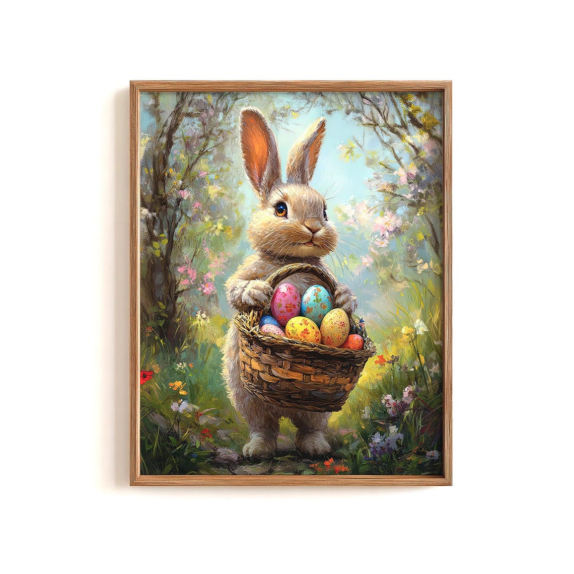 Cute Easter Bunny Print Easter Basket Painting Easter Egg Art Nursery Decor Wall Art Instant Spring Rabbit Poster - Image 2