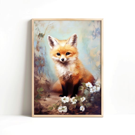 Cute Animal Print Kids Bedroom Nursery Decor Young Fox Wall Art Instant Vintage Minimalist Poster