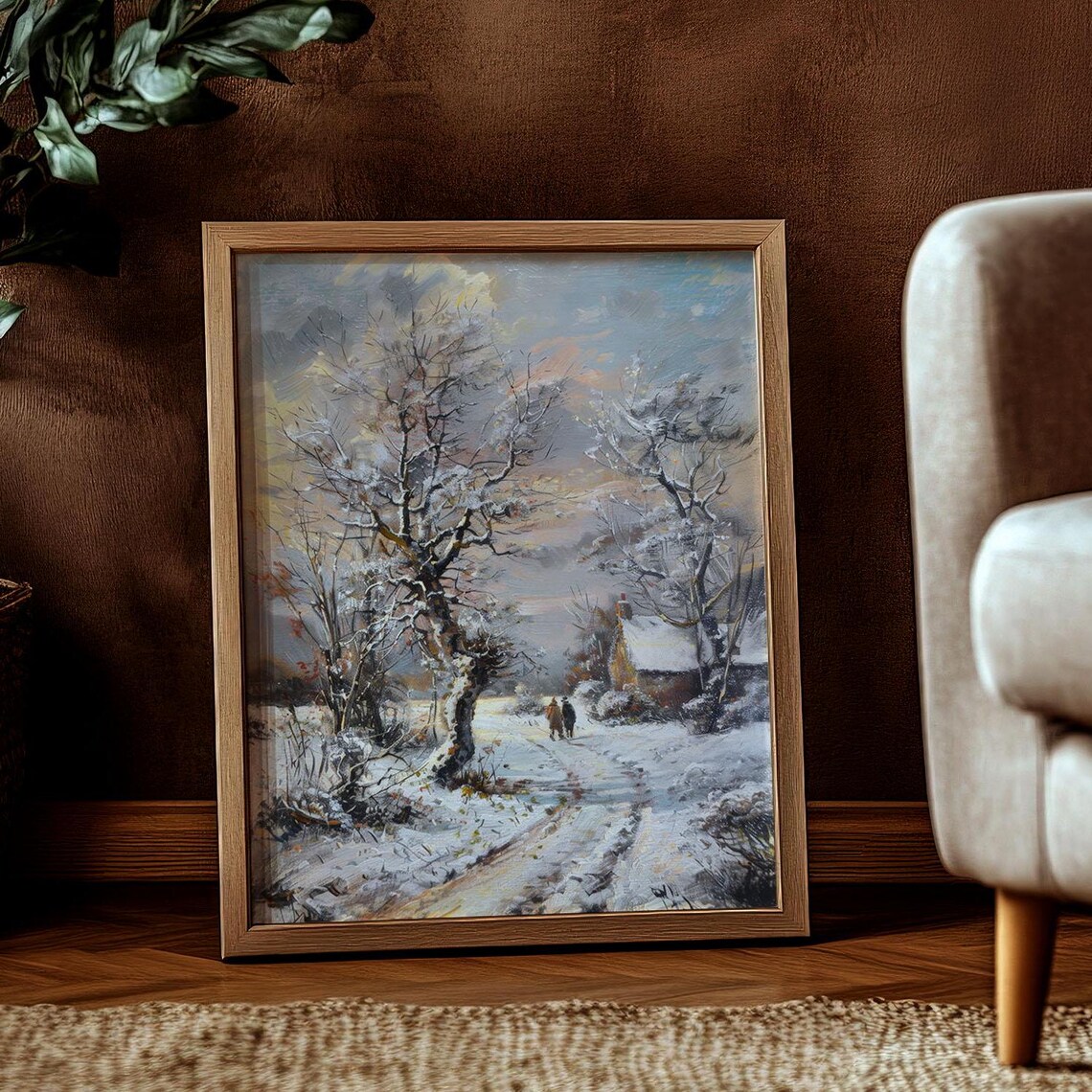 Snowy Country Road Couple Walking Winter Cottage Dusk Art Poster - Image 2