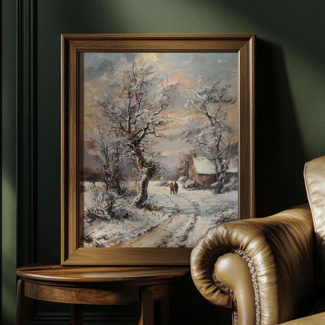 Snowy Country Road Couple Walking Winter Cottage Dusk Art Poster - Image 3