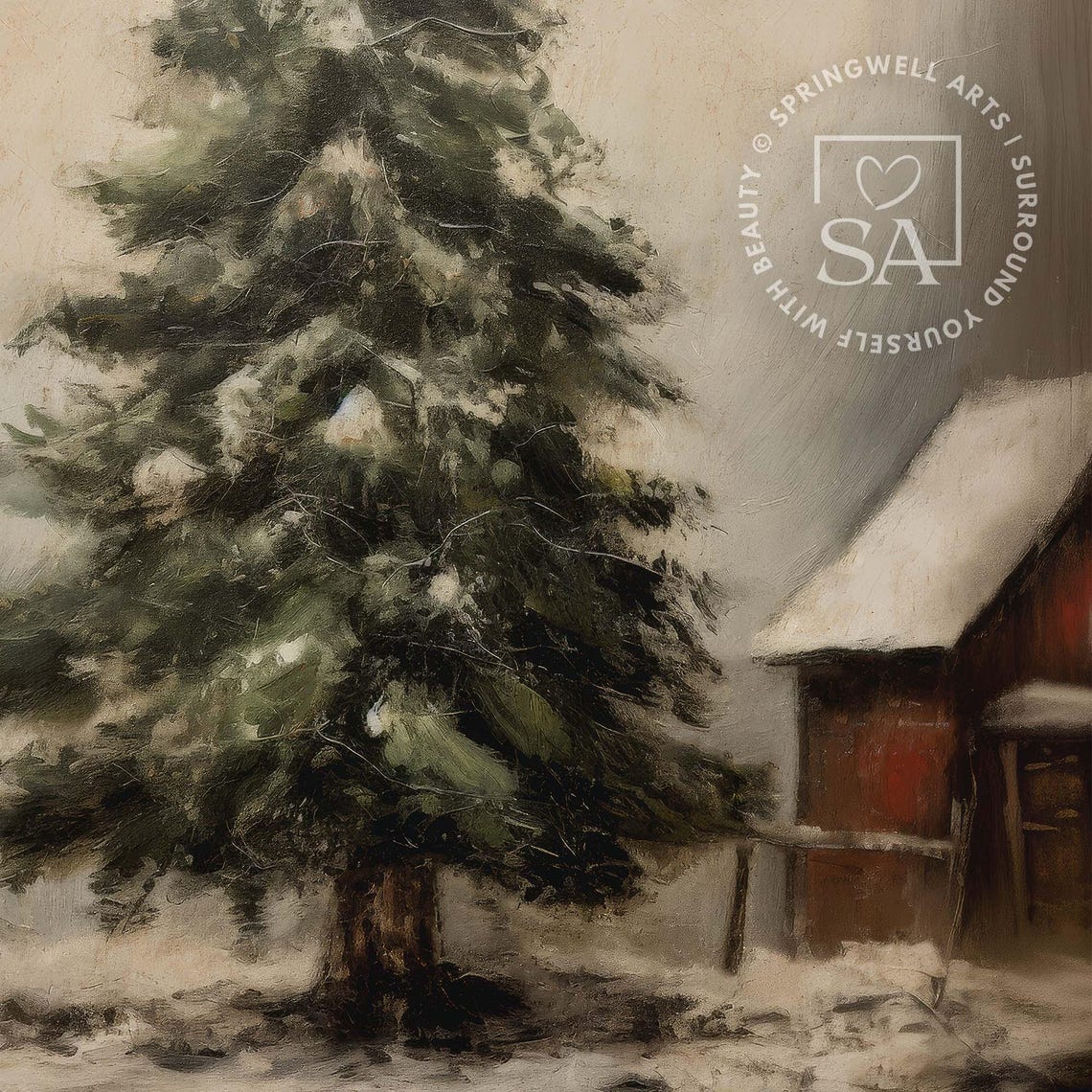 Vintage Snowy Evergreen Tree Red Barn Farm Winter Art Poster - Image 5