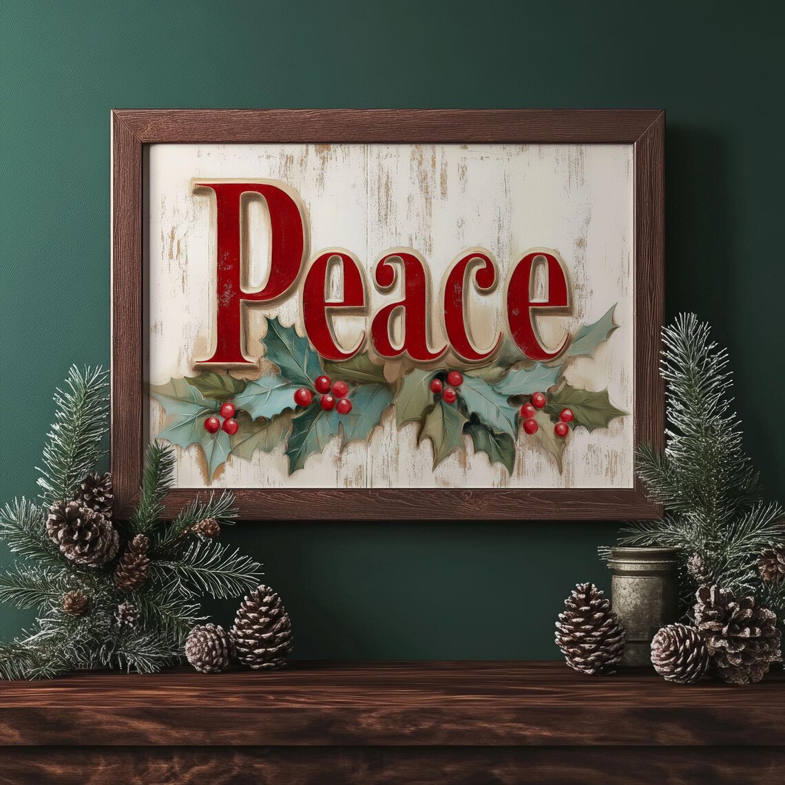 Vintage Christmas Peace Print with Holly Leaves - Image 3