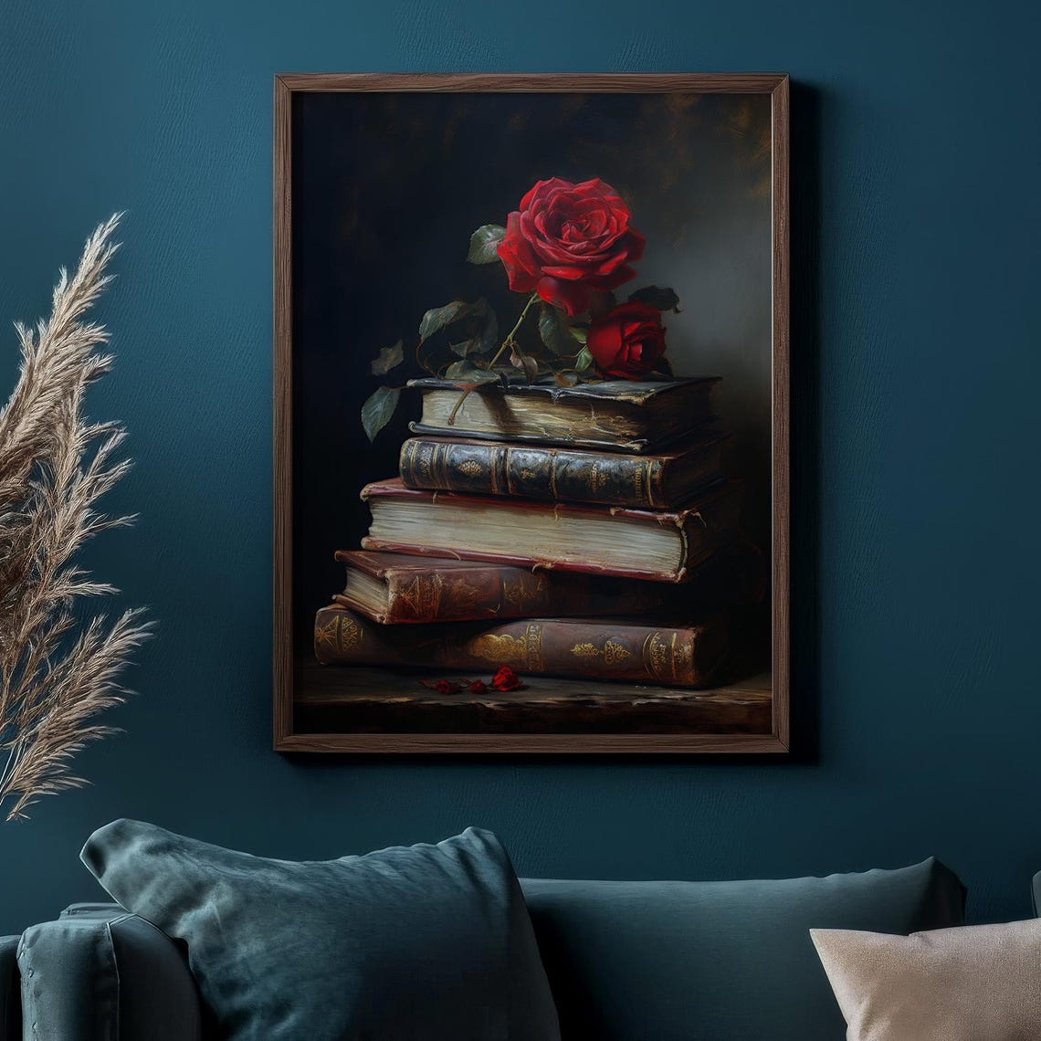 Red Roses On Antique Books Dark Academia Romantic Flower Art Poster - Image 2