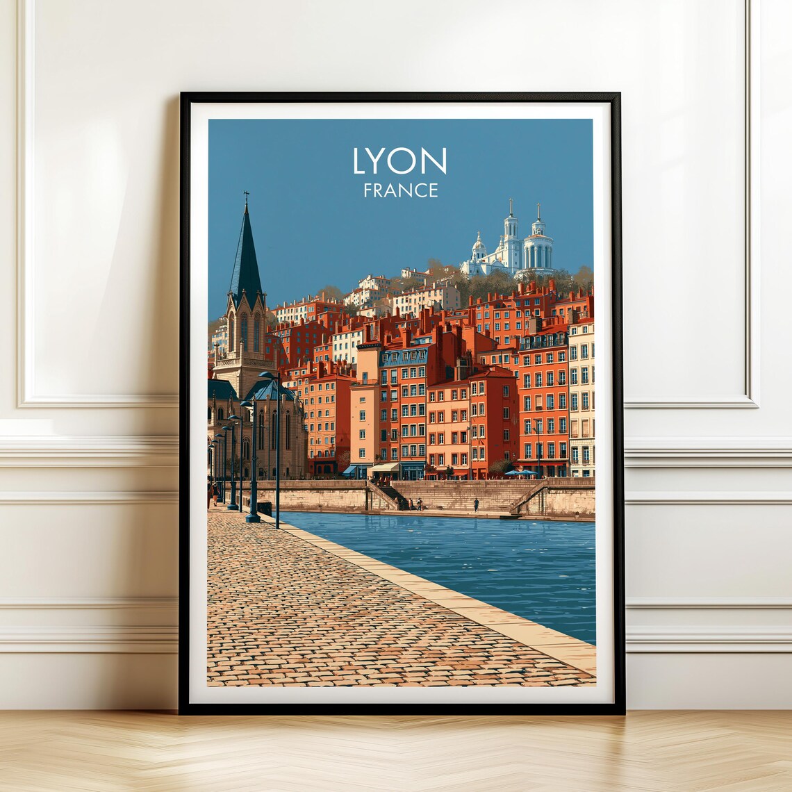 Lyon France Vintage Travel Poster with Riverside Quay and Hilltop Basilica
