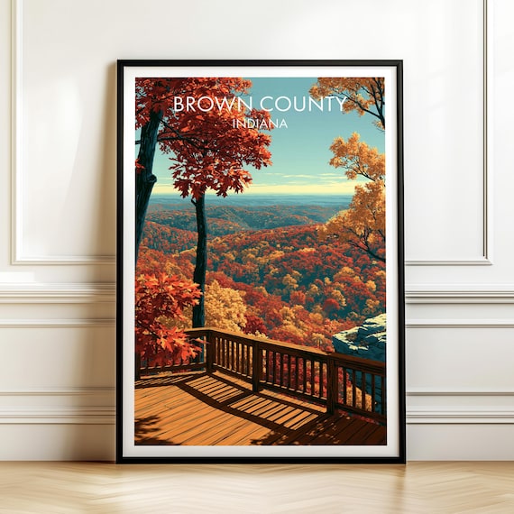 Brown County Indiana Fall Foliage Travel Poster Autumn Forest Overlook Gift