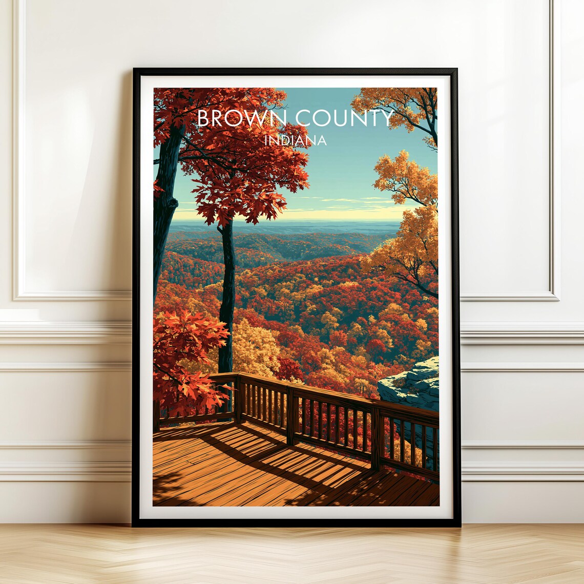 Brown County Indiana Fall Foliage Travel Poster Autumn Forest Overlook Gift