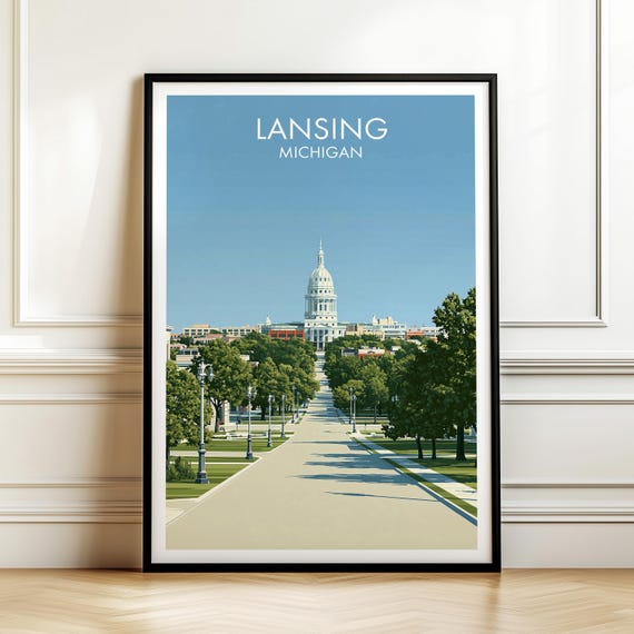 Lansing Michigan Vintage Cityscape Travel Poster