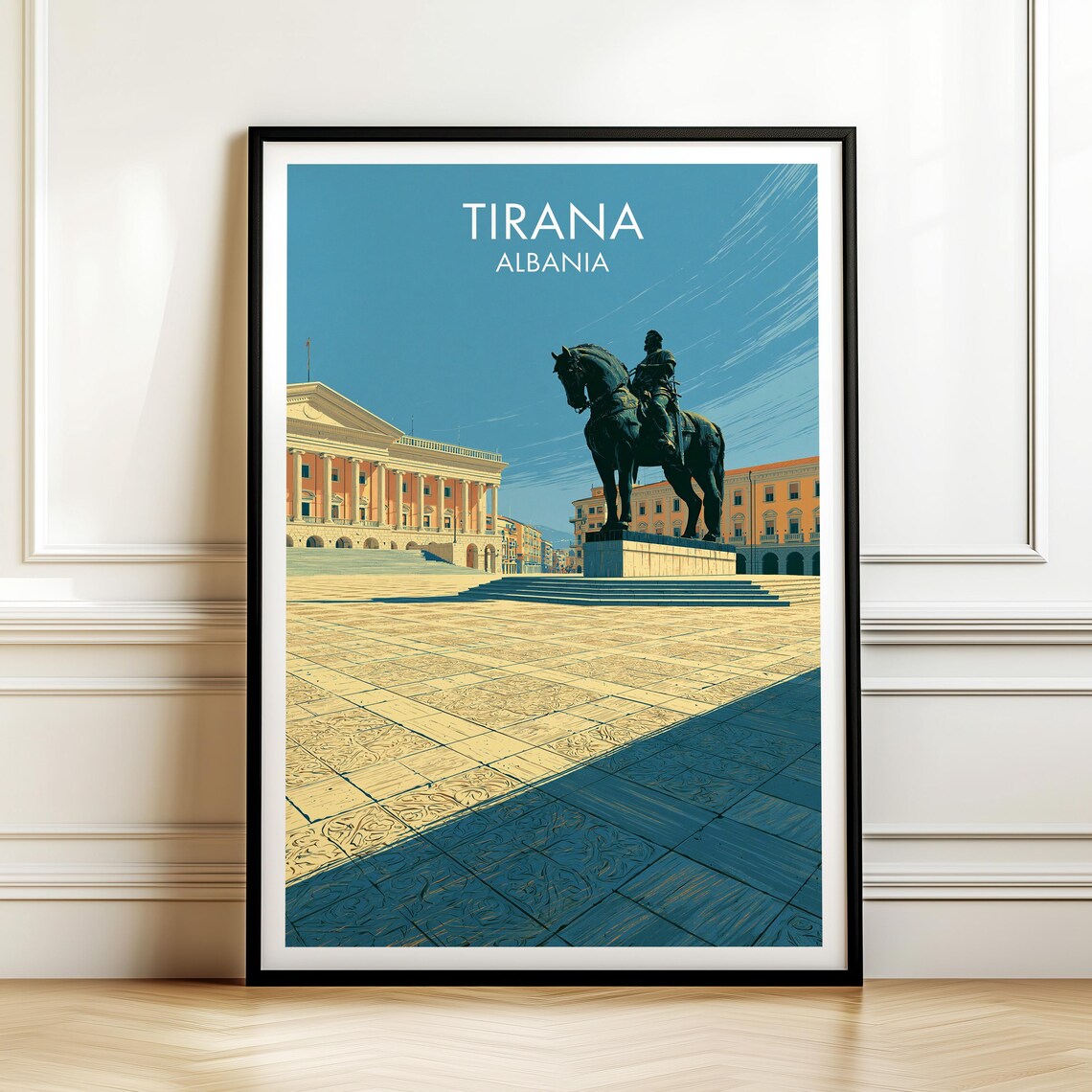 Tirana Albania Vintage Travel Poster Skanderbeg Square Statue