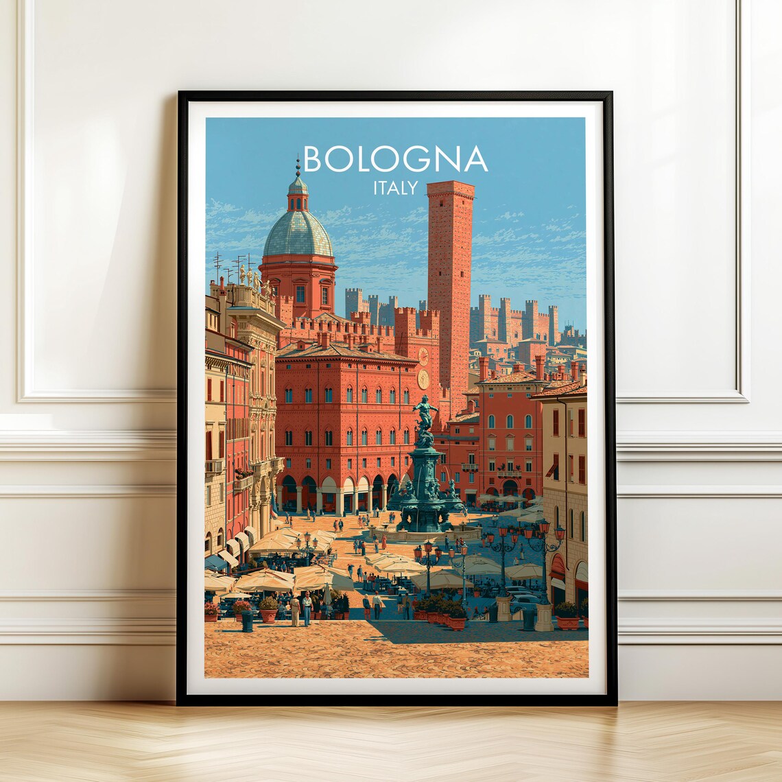 Bologna Italy Vintage Travel Piazza Maggiore Neptune Fountain Poster
