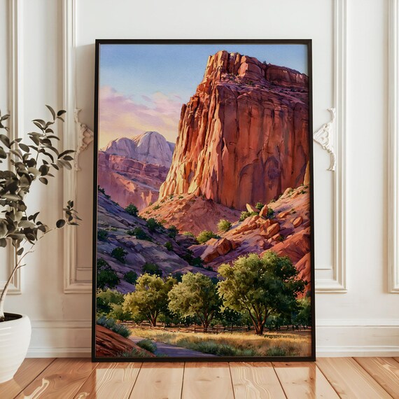 Capitol Reef National Park Red Rock Cliff Sunset Watercolor Poster