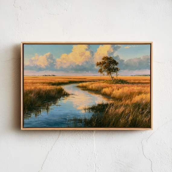 Golden Sunset Over Marsh Wetland River Vintage Landscape Poster