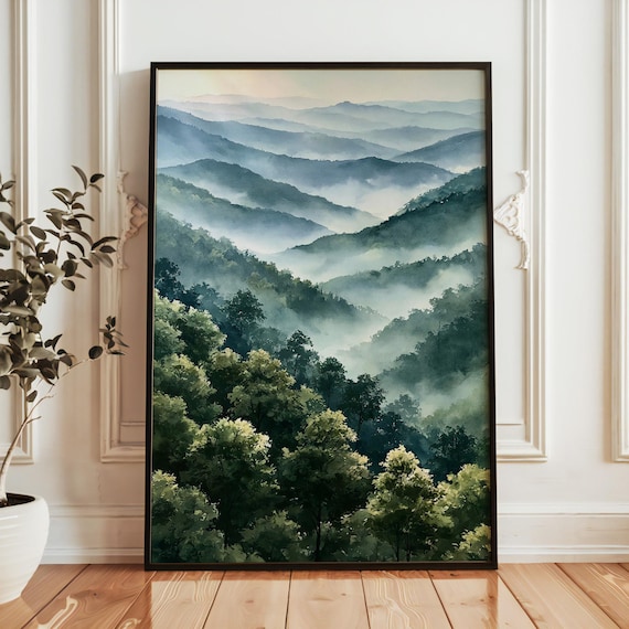 Great Smoky Mountains Misty Blue Ridge Layers Watercolor Poster