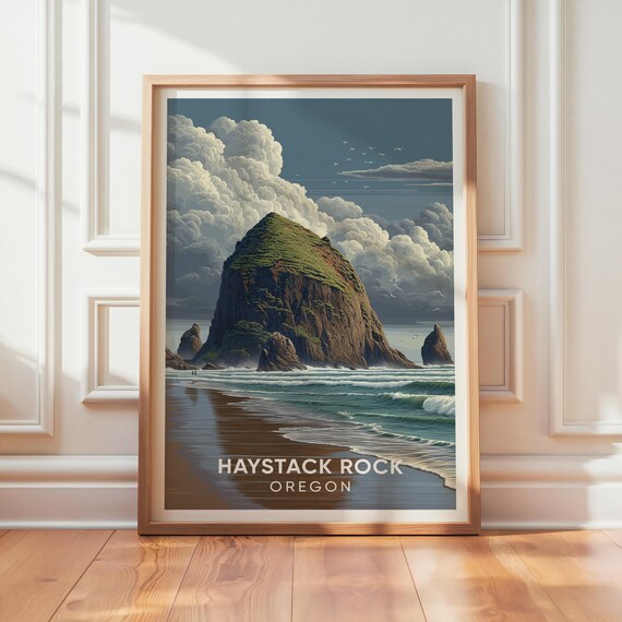 Haystack Rock Cannon Beach Oregon Coast Vintage Seascape Poster
