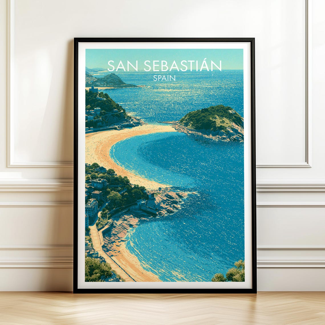 San Sebastián Spain Vintage Travel Poster Blue Bay Coastline