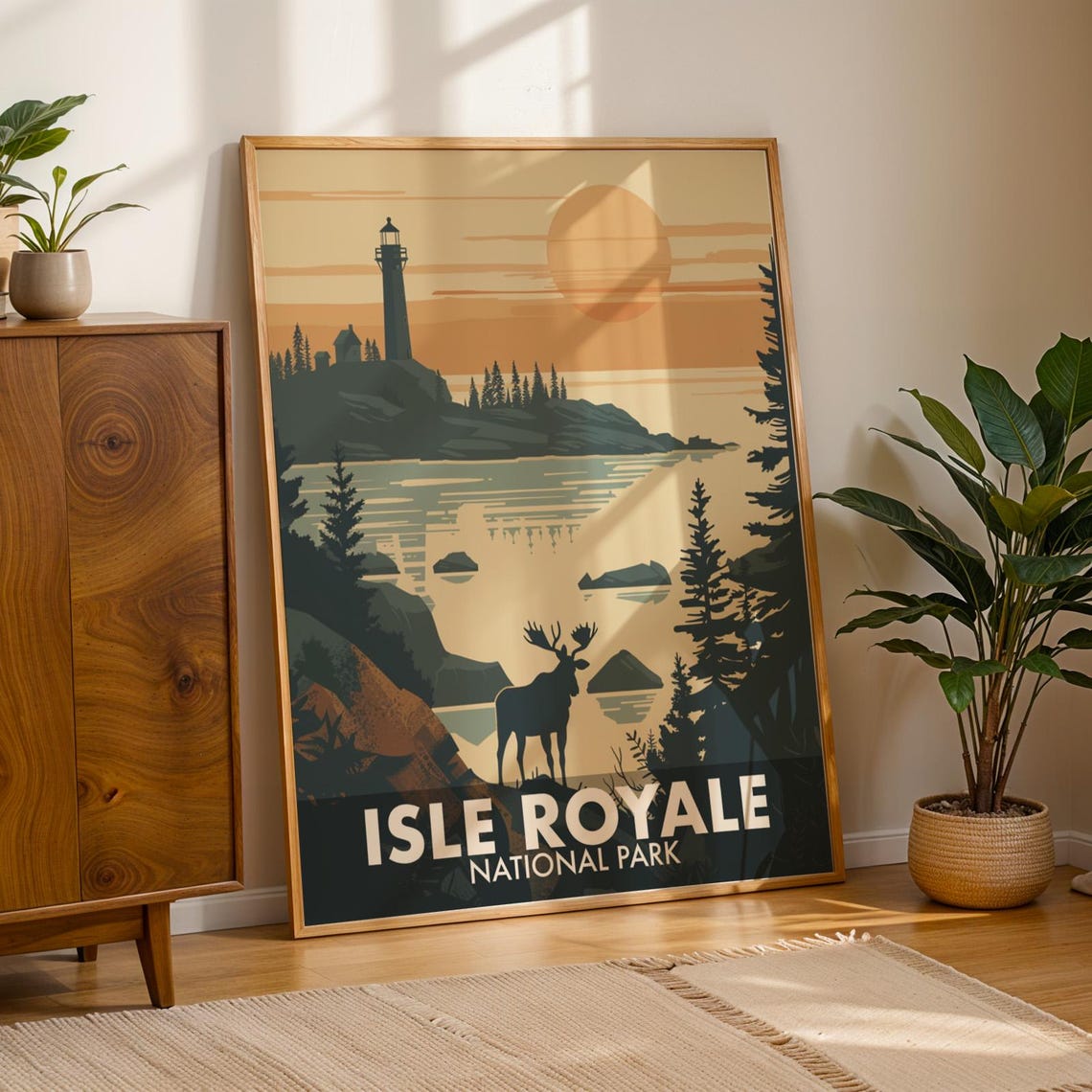 Isle Royale National Park Lighthouse Moose Sunset Travel Poster