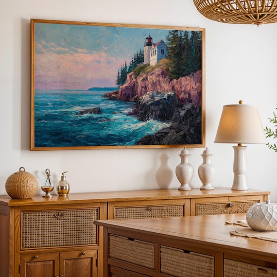 Acadia Lighthouse Rocky Coast Oil Painting Horizontal Wall Art