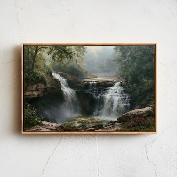Misty Forest Waterfall Vintage Landscape Painting Nature Poster