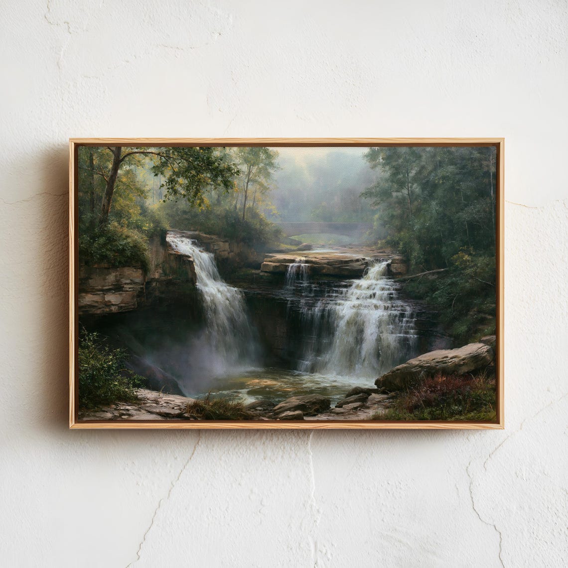 Misty Forest Waterfall Vintage Landscape Painting Nature Poster