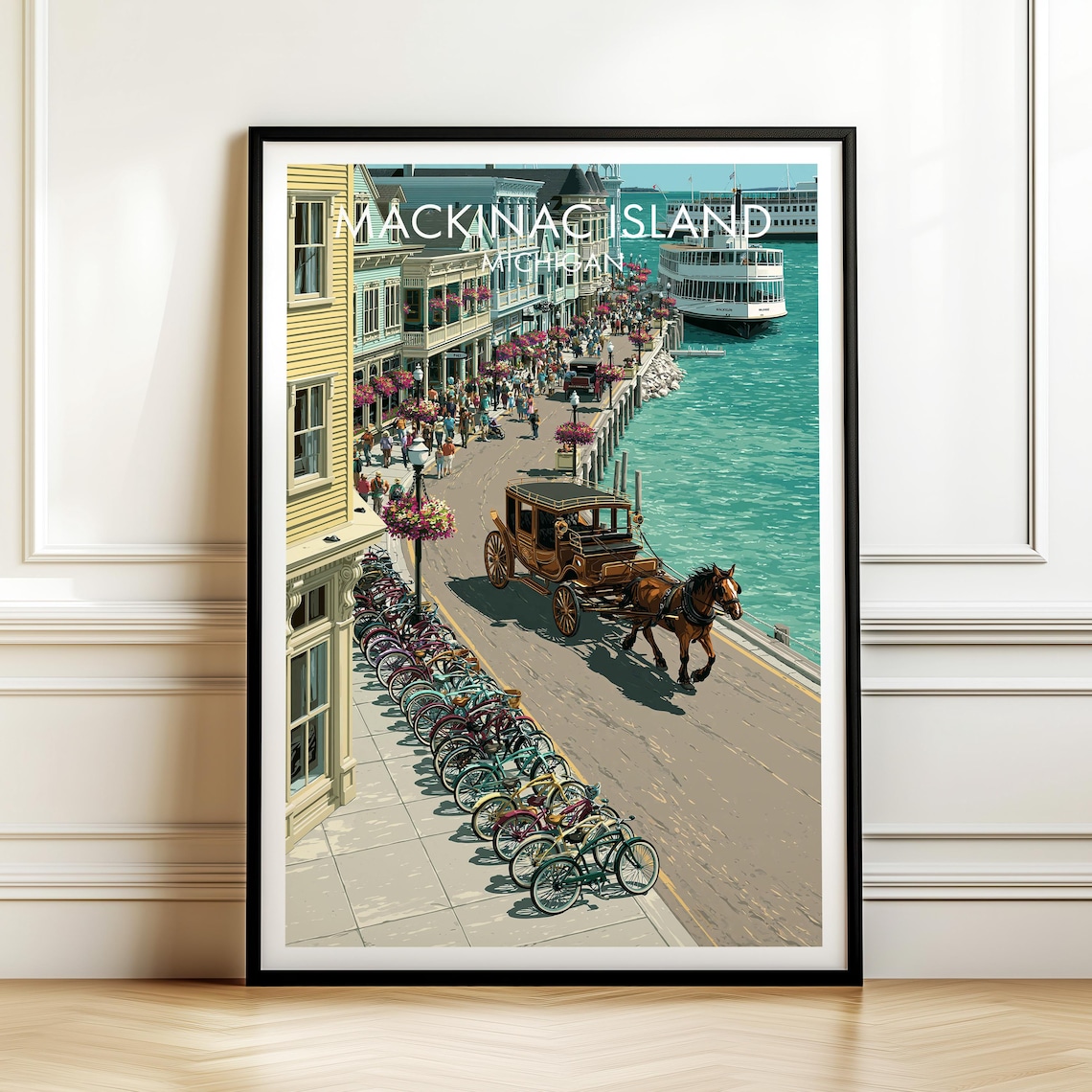 Mackinac Island Michigan Main Street Vintage Travel Poster With Ferry