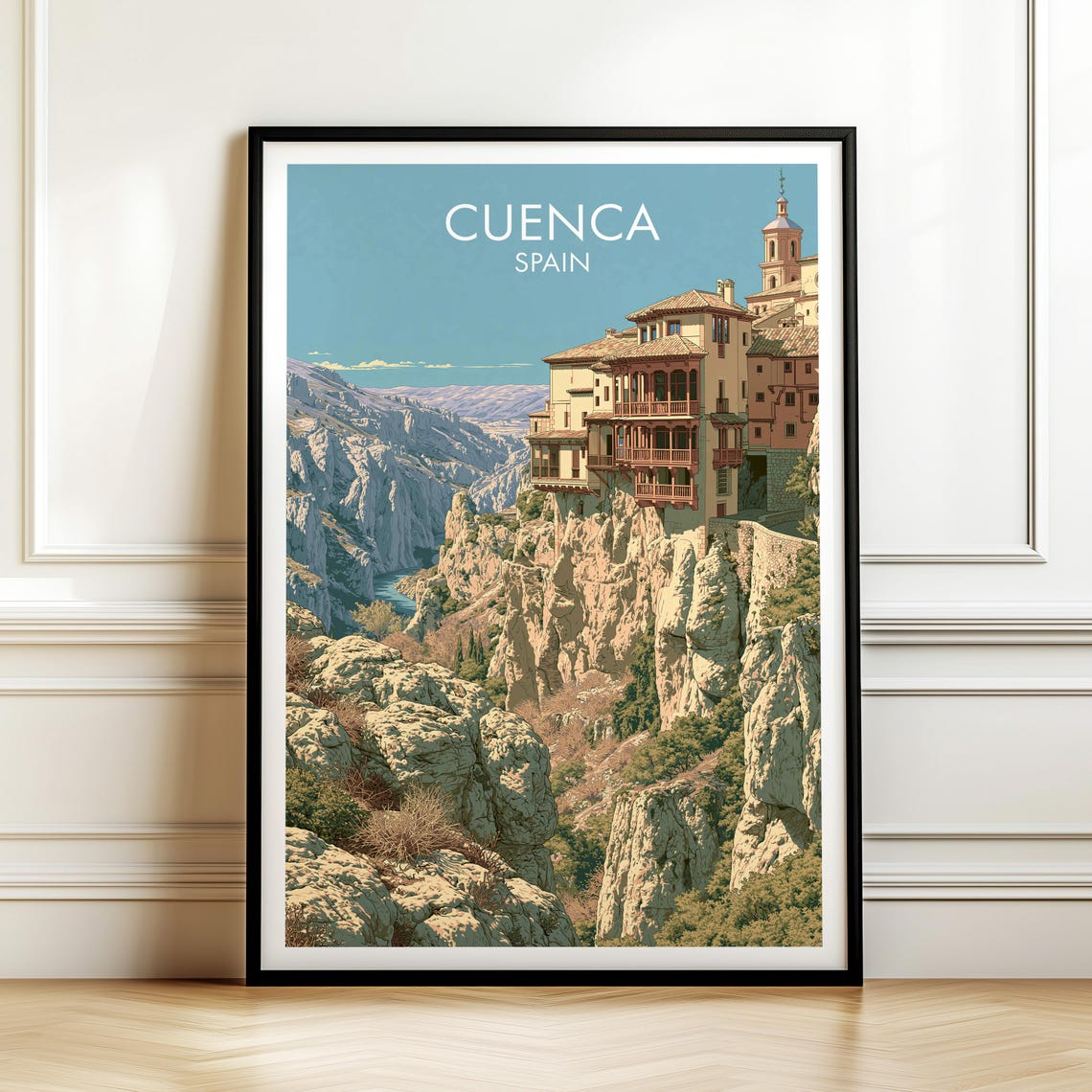 Cuenca Spain Dramatic Hanging Houses Cliff Vintage Travel Poster