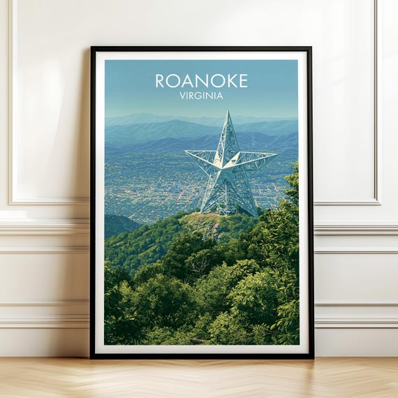 Roanoke Virginia Poster Vintage Usa Cityscape Travel Wall Art American Landmark Print Americana Decor