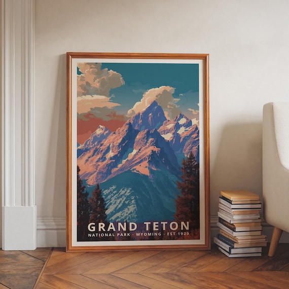 Grand Teton National Park Vintage Travel Poster Wyoming Peak Art