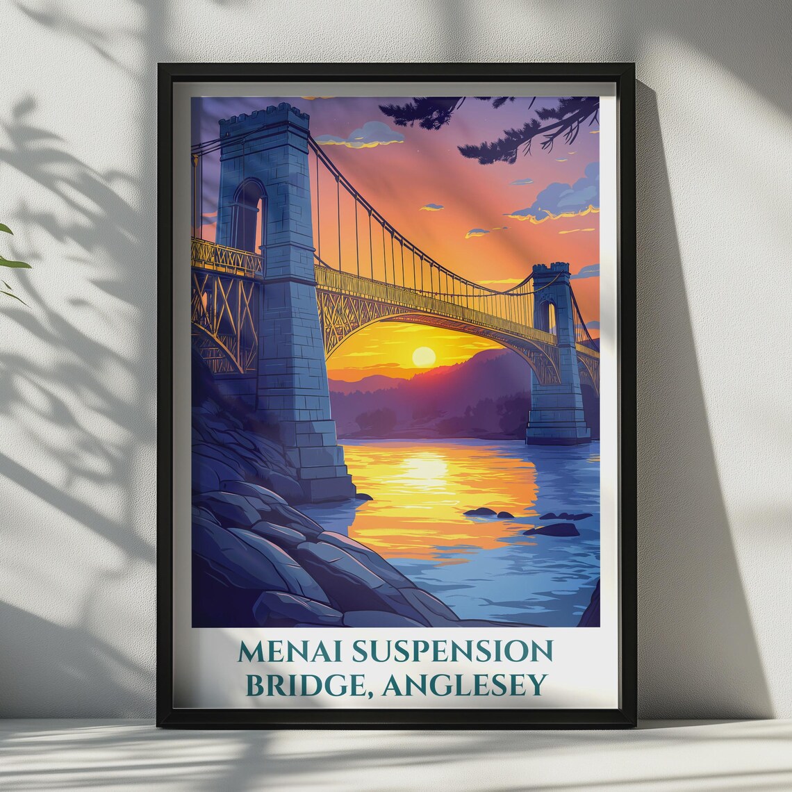 Menai Suspension Bridge Anglesey Sunset Wales Landmark Travel Poster