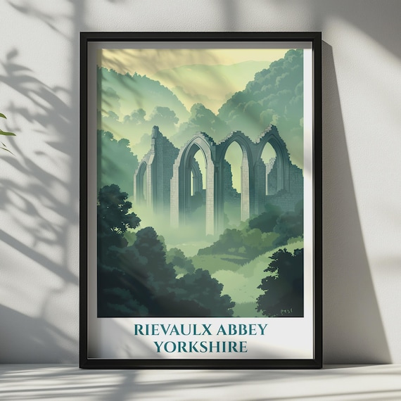 Rievaulx Abbey Print Yorkshire Ruins Travel Poster Gothic Arch Wall Art England