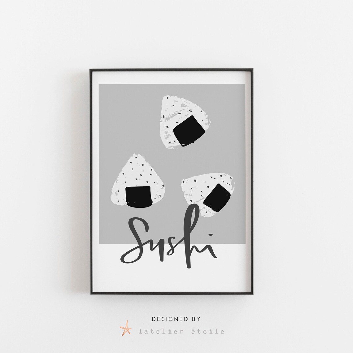 Onigiri Sushi Trio Monochrome Japanese Rice Ball Kitchen Poster