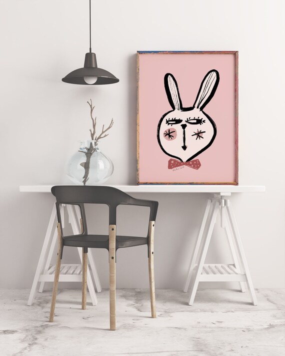 Blushing Bunny Bow Tie Pink Ink Nursery Animal Portrait Poster