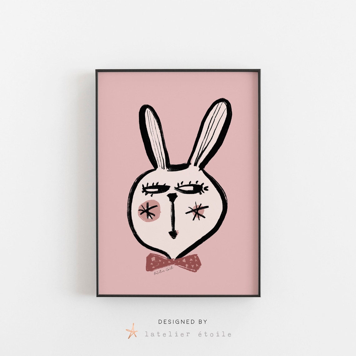 Blushing Bunny Bow Tie Pink Ink Nursery Animal Portrait Poster - Image 4
