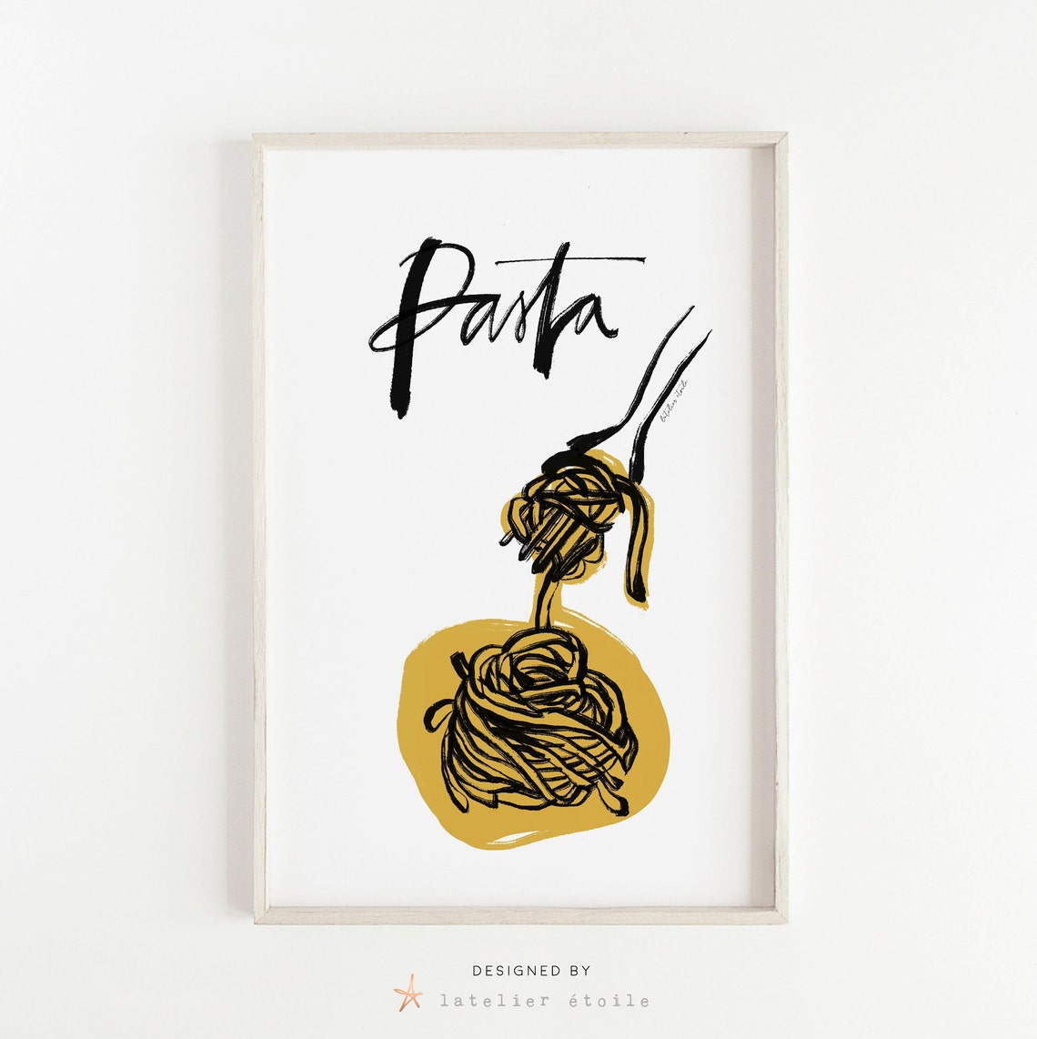 Pasta Hand Lettered Spaghetti Fork Mustard Yellow Kitchen Poster - Image 2