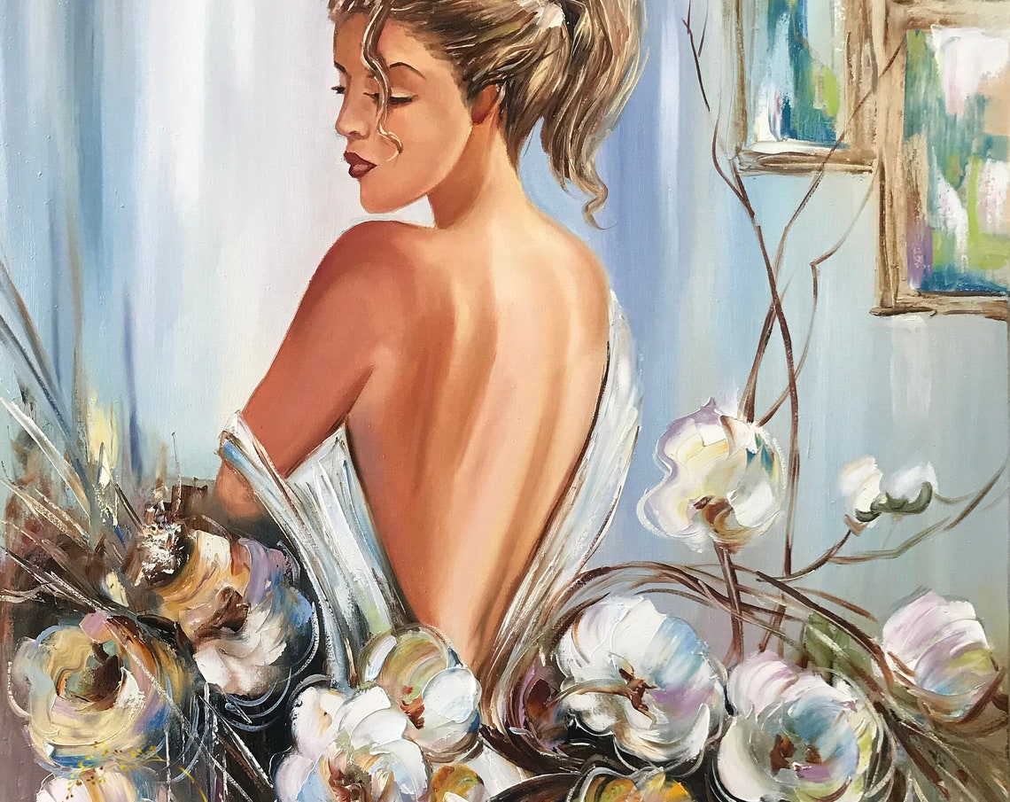 Woman White Dress Back View White Orchids Elegant Floral Art Poster