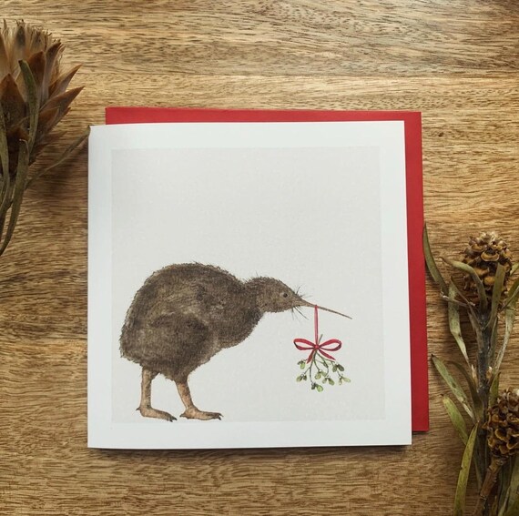 Kiwi Bird Mistletoe Christmas Card Watercolor New Zealand Art Poster