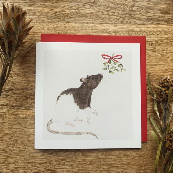 Cute Rat Under Mistletoe Watercolor Christmas Holiday Wall Art