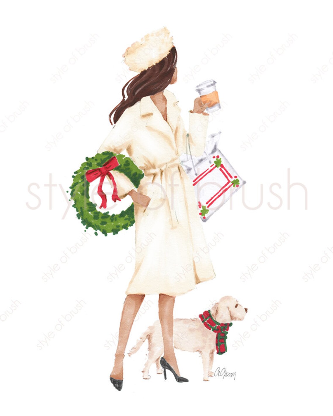 Christmas Wreath Shopping Woman with Puppy Watercolor Poster - Image 2