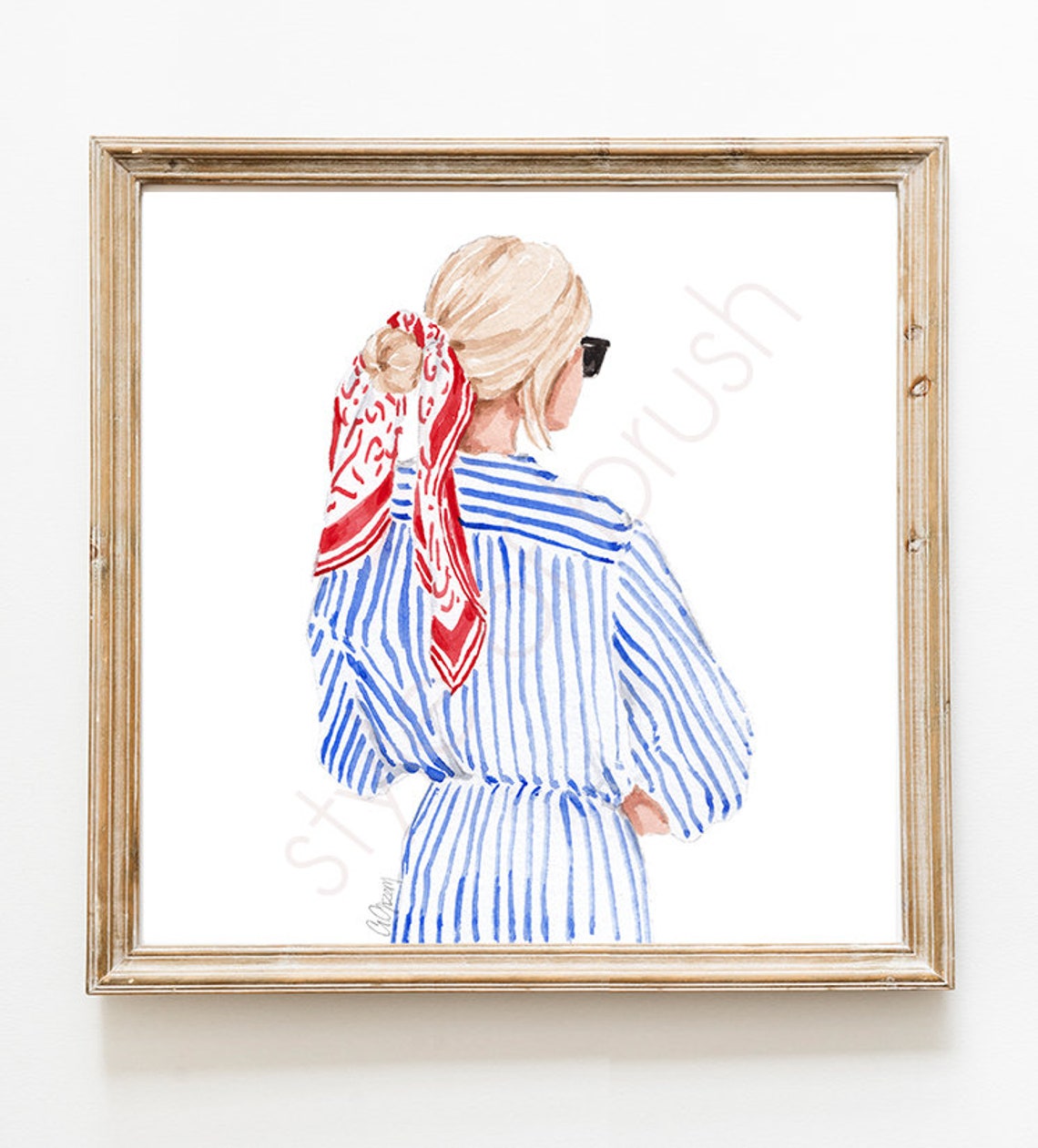 Red Scarf Illustration Blue Stripe Shirt Illustration Summer Fashion Wall Art - Image 2
