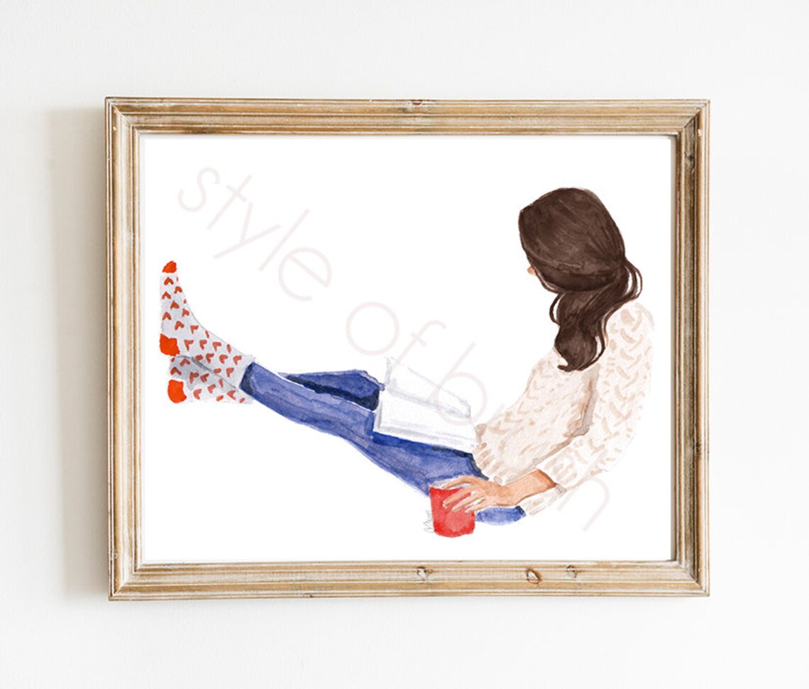 Book Lover Girl Lounging Reading with Heart Socks Red Mug Poster - Image 2