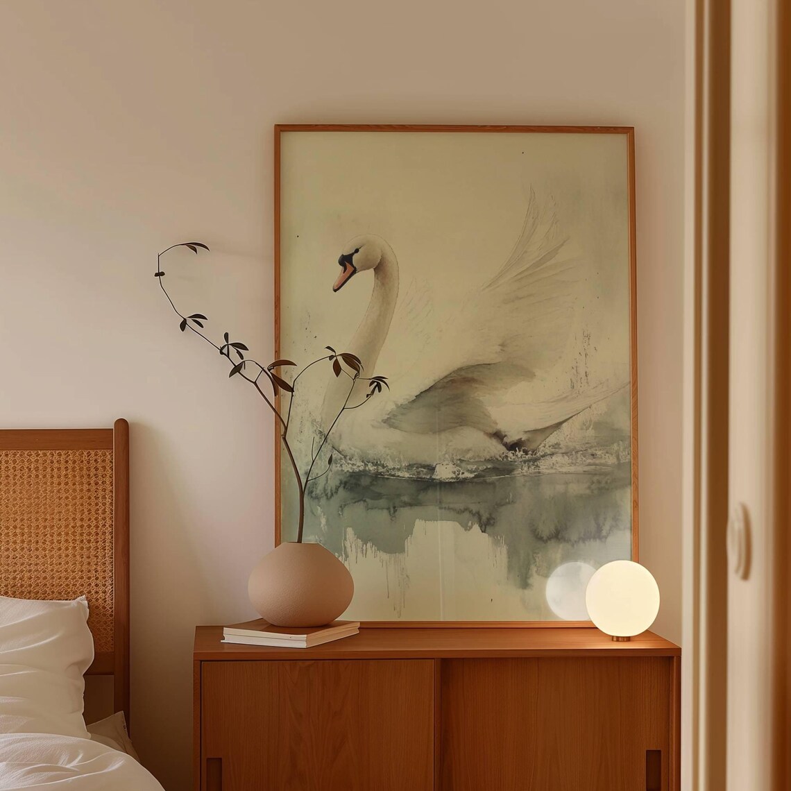 White Swan Preening Feathers Soft Watercolor Bird Art Poster