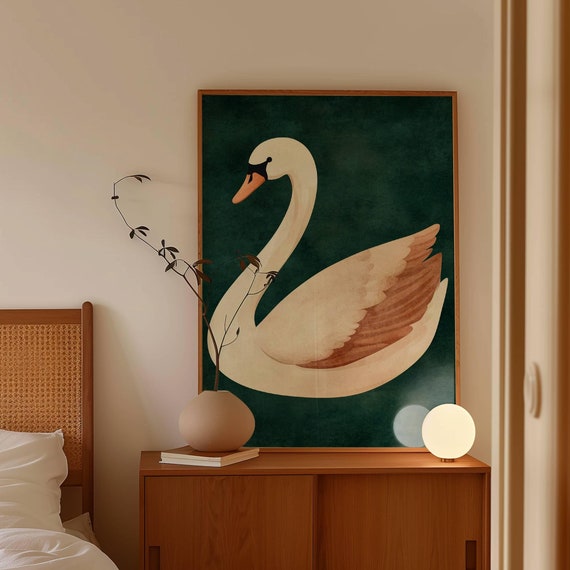 Swan Print Emerald Green Abstract Large Wall Art Contemporary Artwork Moody Swan Painting Nursery Wall Art Living Room Art Modern Farmhouse