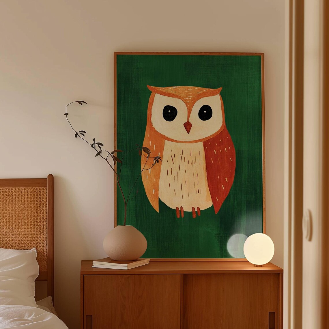 Cute Orange Owl Portrait Emerald Green Kids Room Decor Poster