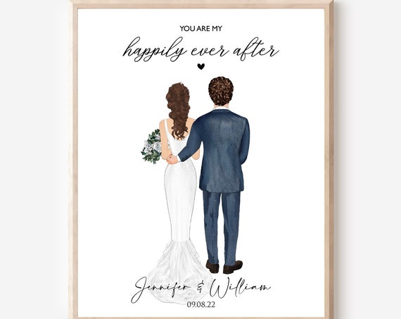 Wedding Gift For Couple Custom Husband Wife Portrait Personalized Newlyweds Art Print 1st Anniversary You Are My Happily Ever After