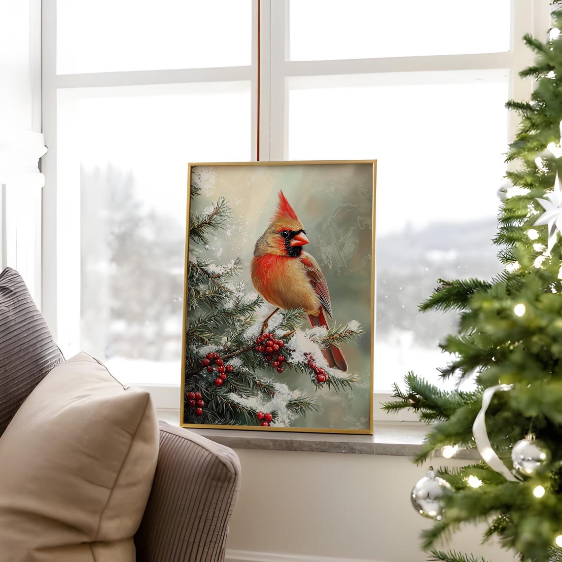 Northern Cardinal Perched On Snowy Pine Branch With Berries Poster - Image 3