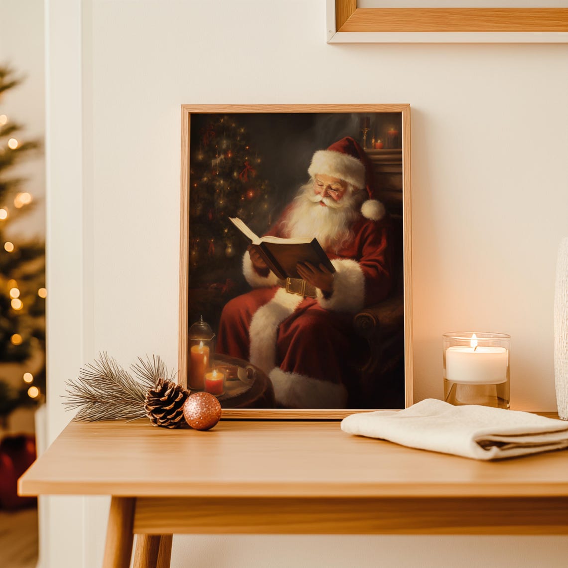 Vintage Santa Claus Reading Book by Fireplace Christmas Poster - Image 3