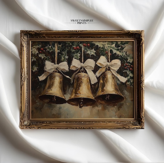 Vintage Three Brass Bells With White Bows Christmas Holiday Poster