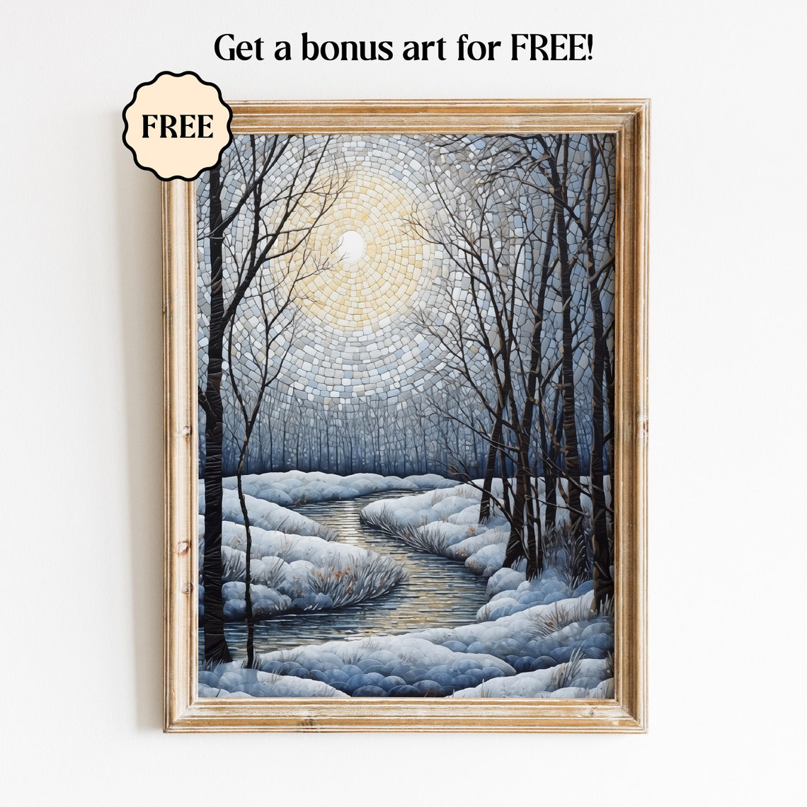 Snowy Winter Landscape Wall Art Moon And Snow In A Frozen River Glass Mosaic Style Winter Night Textured Illustration Art - Image 2