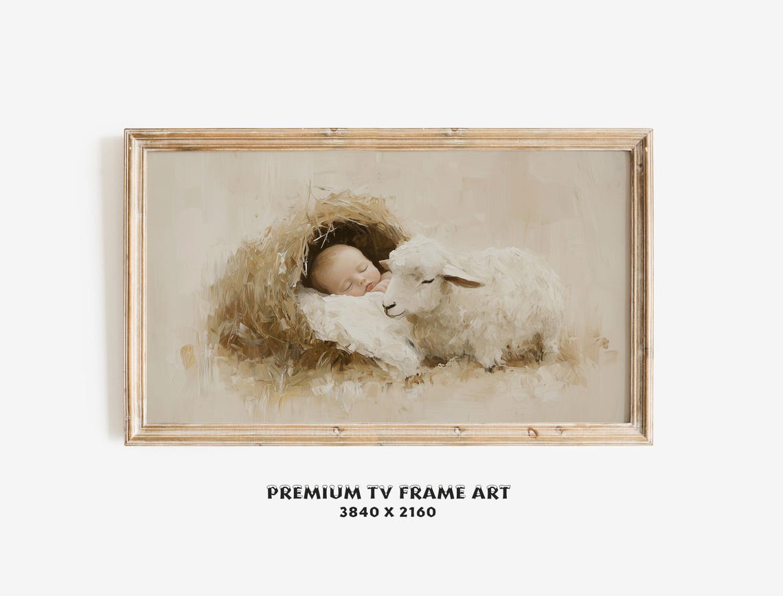 Baby Jesus in Manger With Lamb Neutral Nativity Christmas Wall Art - Image 2