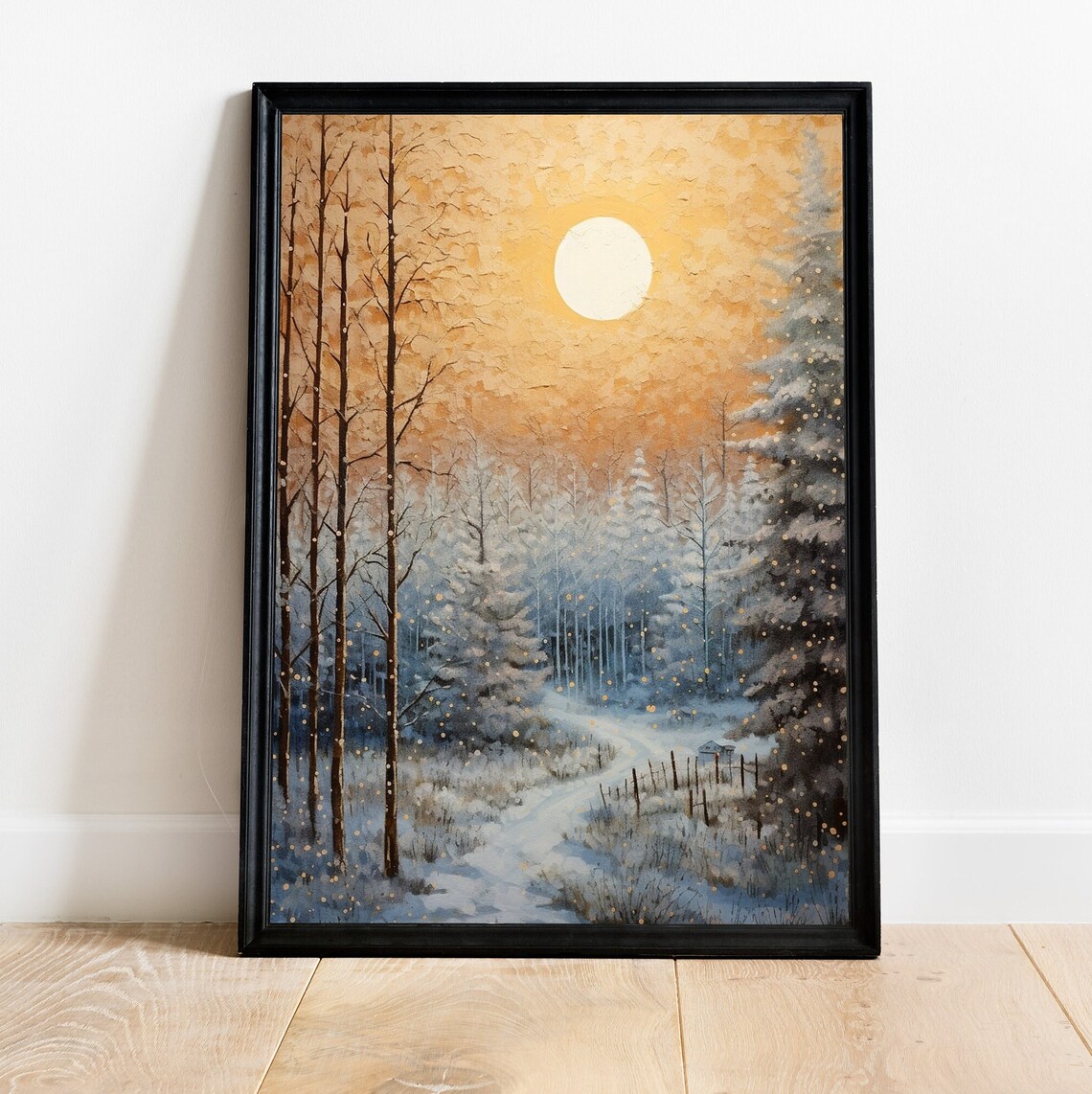 Snowy Forest Sunset Poster Golden Sky Winter Landscape Painting - Image 3