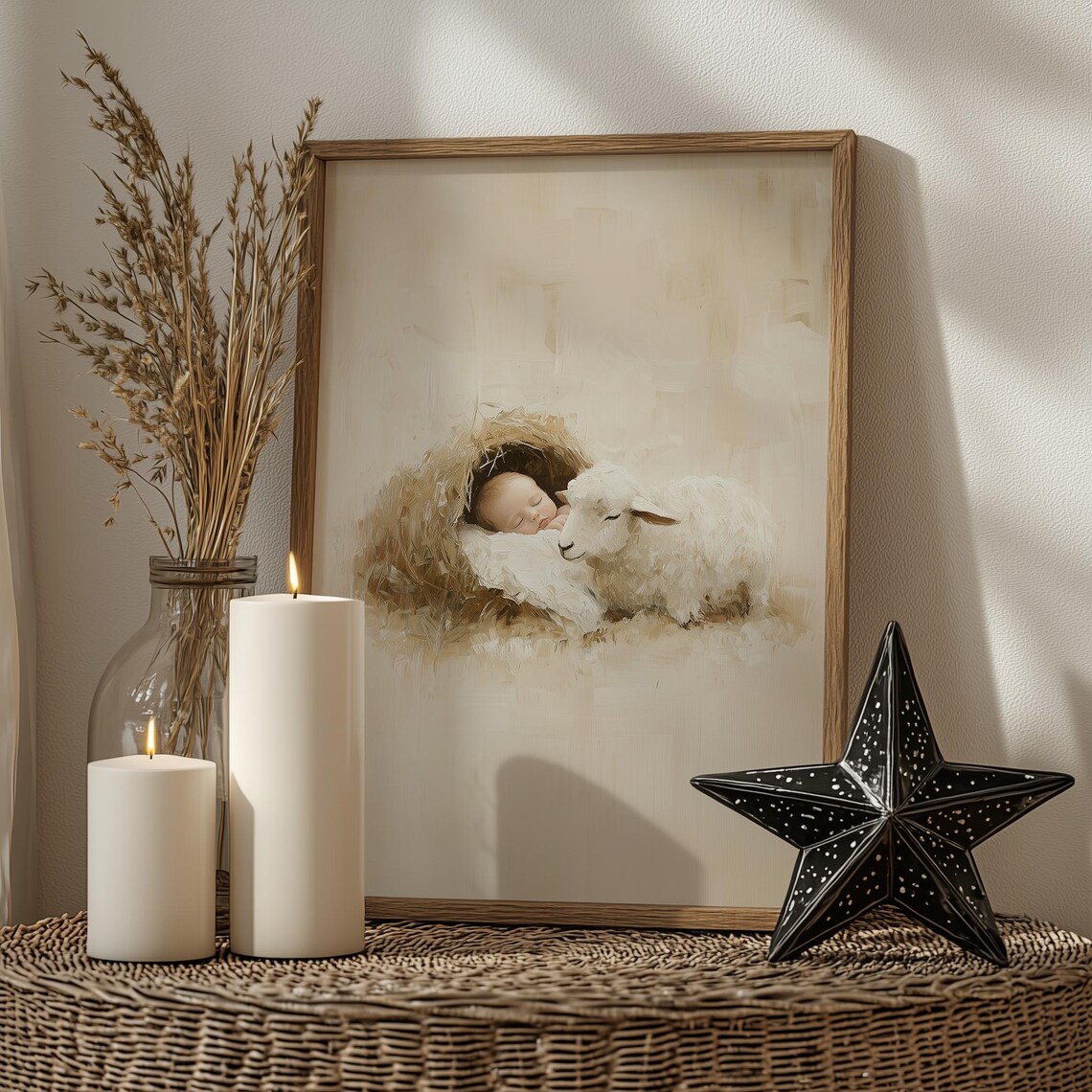 Christian Nativity Baby Jesus Sleeping With Lamb Oil Painting Poster - Image 3